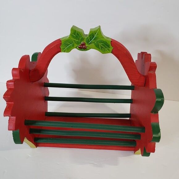 CUTE Little Red Christmas Poinsettia Wooden Basket Decor Holiday Handle Caddy - Picture 2 of 9